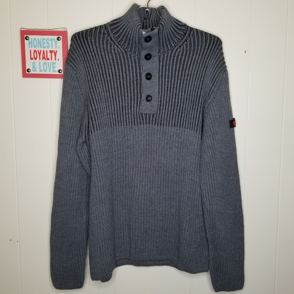 Strellson Ribbed Button/Zipper Neck Heavy Gray Sweater - XL